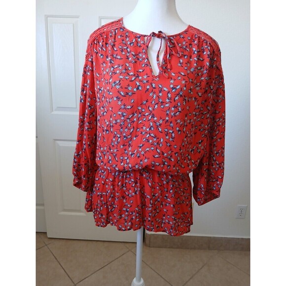 A.n.a. A New Approach Women Boho Peasant Long Sleeve Blouse Red Floral Large - Picture 1 of 16